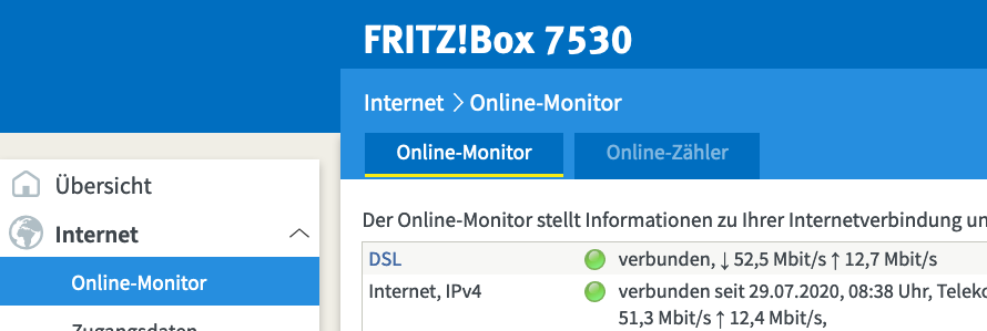 Screenshot einer Router-Benutzeroberfläche mit Angabe der ausgehandelten DSL-Geschwindigkeit