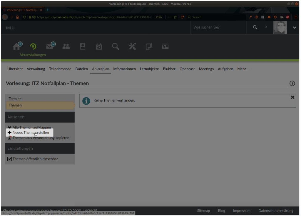 Screenshot: Stud.IP Veranstaltung: Ablaufplan: Themen: Aktion: Neues Thema erstellen