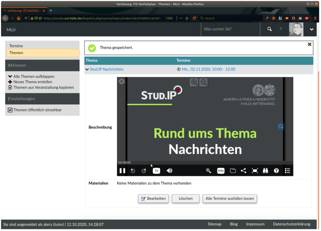 Screenshot: Stud.IP Veranstaltung: Ablaufplan: Themen: Video in Terminthema anzeigen
