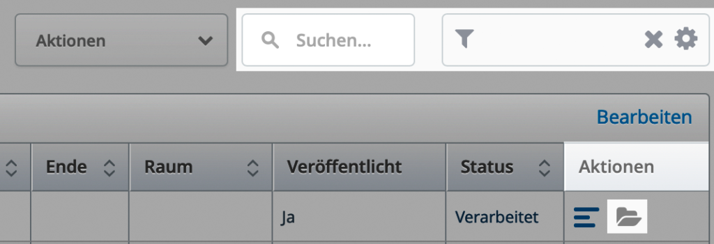 Screenshot aus admin.opencast. Hervorgehoben sind die Such- und Filteroptionen, sowie die Spalte Aktionen mit dem grauen Ordnersymbol