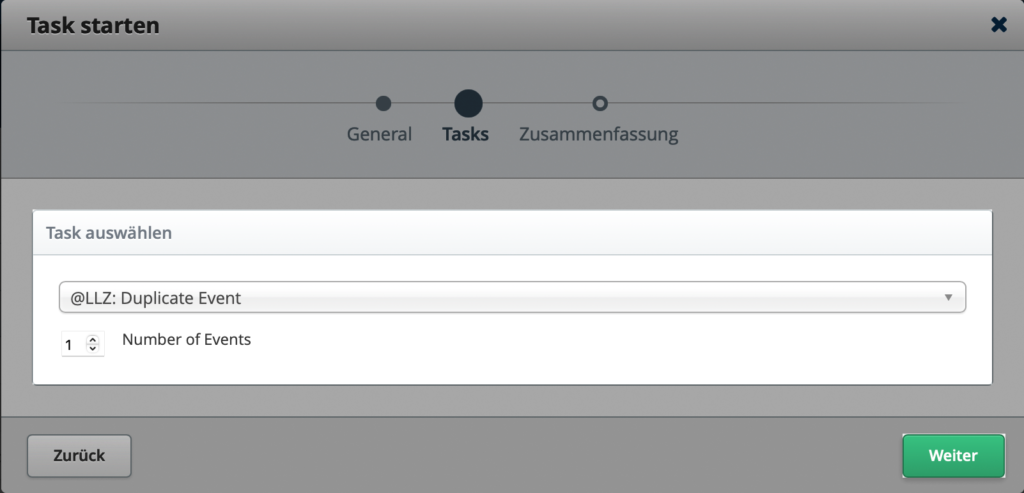 Screenshot von admin.opencast. Im Dialogfenster "Task starten" ist der workflow "Duplicate Event" hervorgehoben, sowie der weiter-Button.