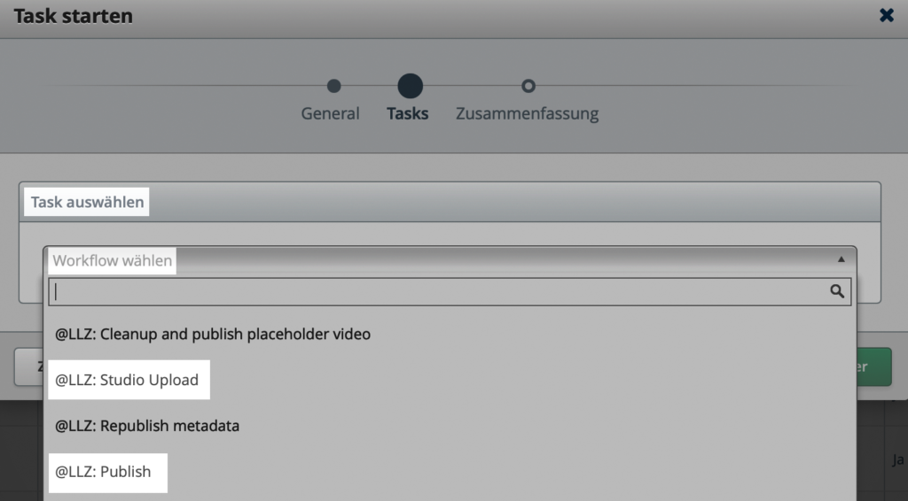Screenshot aus admin.opencast. Zu sehen ist das Dialogfenster "Task starten". Hervorgehoben sind die Workflows Studio upload und publish