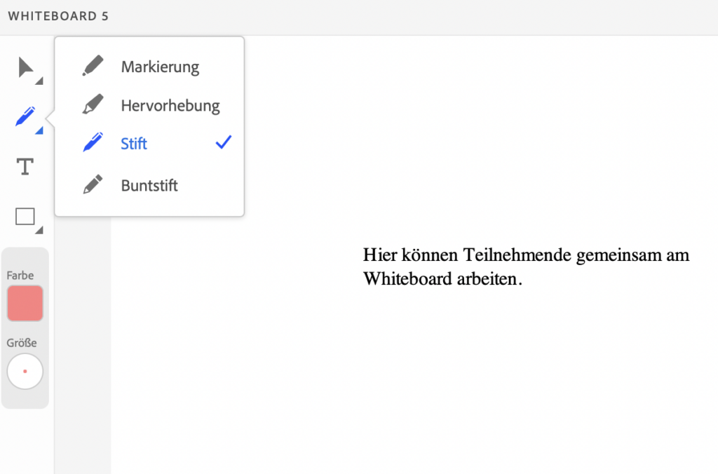 Screenshot aus Adobe Connect: Das gemeinsam nutzbare Whiteboard bietet verschiedene Bearbeitungsmöglichkeiten.