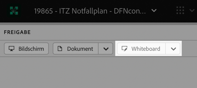 Screenshot aus Adobe Connect: Am oberen linken Fensterrand befindet sich die Möglichkeit das Whiteboard zu aktivieren.