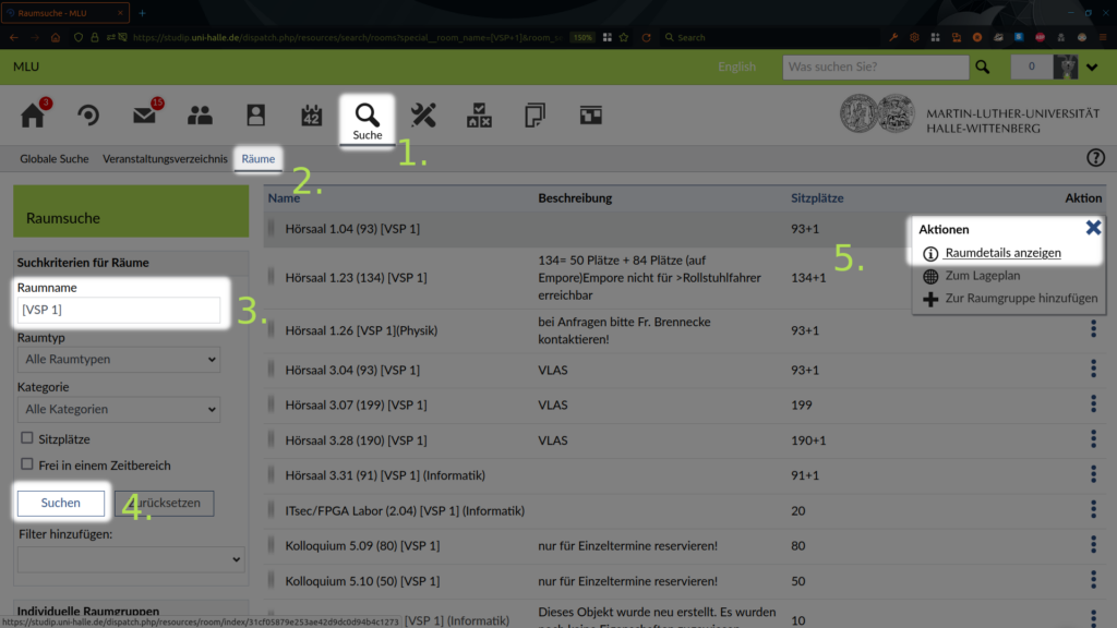 Stud.IP Screenshot: Die Raumsuche in Stud.IP 4.6: Suche im Hauptmenü, dann Räume, dann Raumname oder anderes Kriterium, dann Suchen, dann 3-Punkte Details Menü in einer Ergebniszeile, dann Raumdetails anzeigen