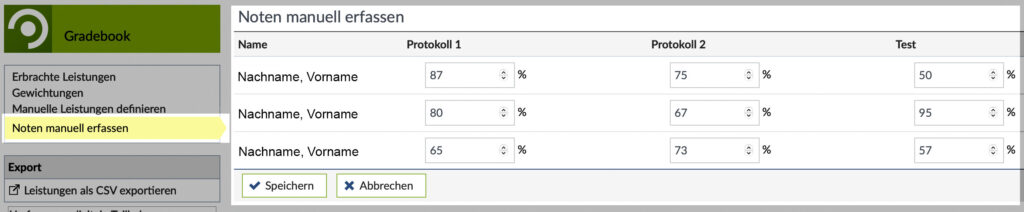 Screenshot des Gradebooks bei Stud.IP: Um die Noten (in %) für die jeweiligen Leistungen einzutragen, gehen Sie auf "Noten manuell erfassen".
