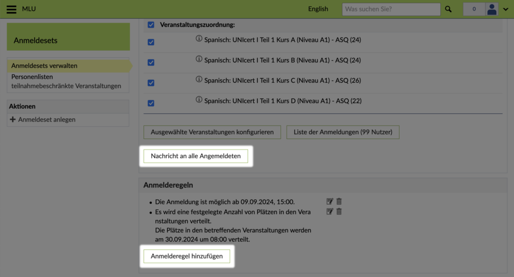 Bildschirmfoto von Stud.IP: Knöpfe Nachricht an alle Angemeldeten und Anmelderegel hinzufügen sind hervorgehoben; Eine Beschränkung der Anmeldungen über alle Veranstaltungen hinweg fehlt allerdings