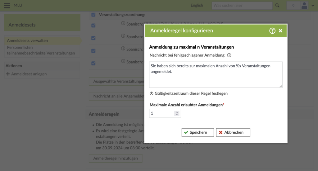 Bildschirmfoto von Stud.IP: Dialogfenster mit neuer Regel "Anmeldung zu maximal n Veranstaltungen".