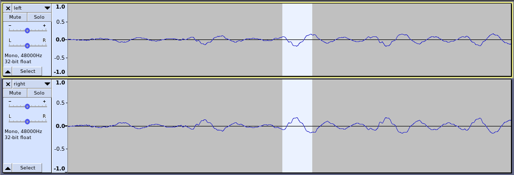 Audio in Wellenform dargestellt: Oben linker Kanal, unten rechter Kanal. Die Wellen sind invers zueinander. D.h. positive Amplitude des linken Kanals gleichzeitig mit negativer Amplitude des rechten Audiokanals
