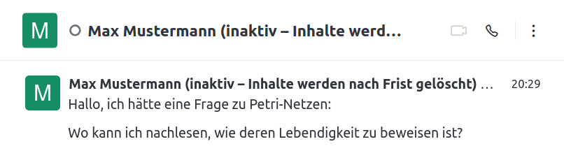 Screenshot, welcher ein Avatar (Initiale) zeigt, sowie den Namenszusatz "inaktiv - Inhalte werden nach Frist gelöscht"