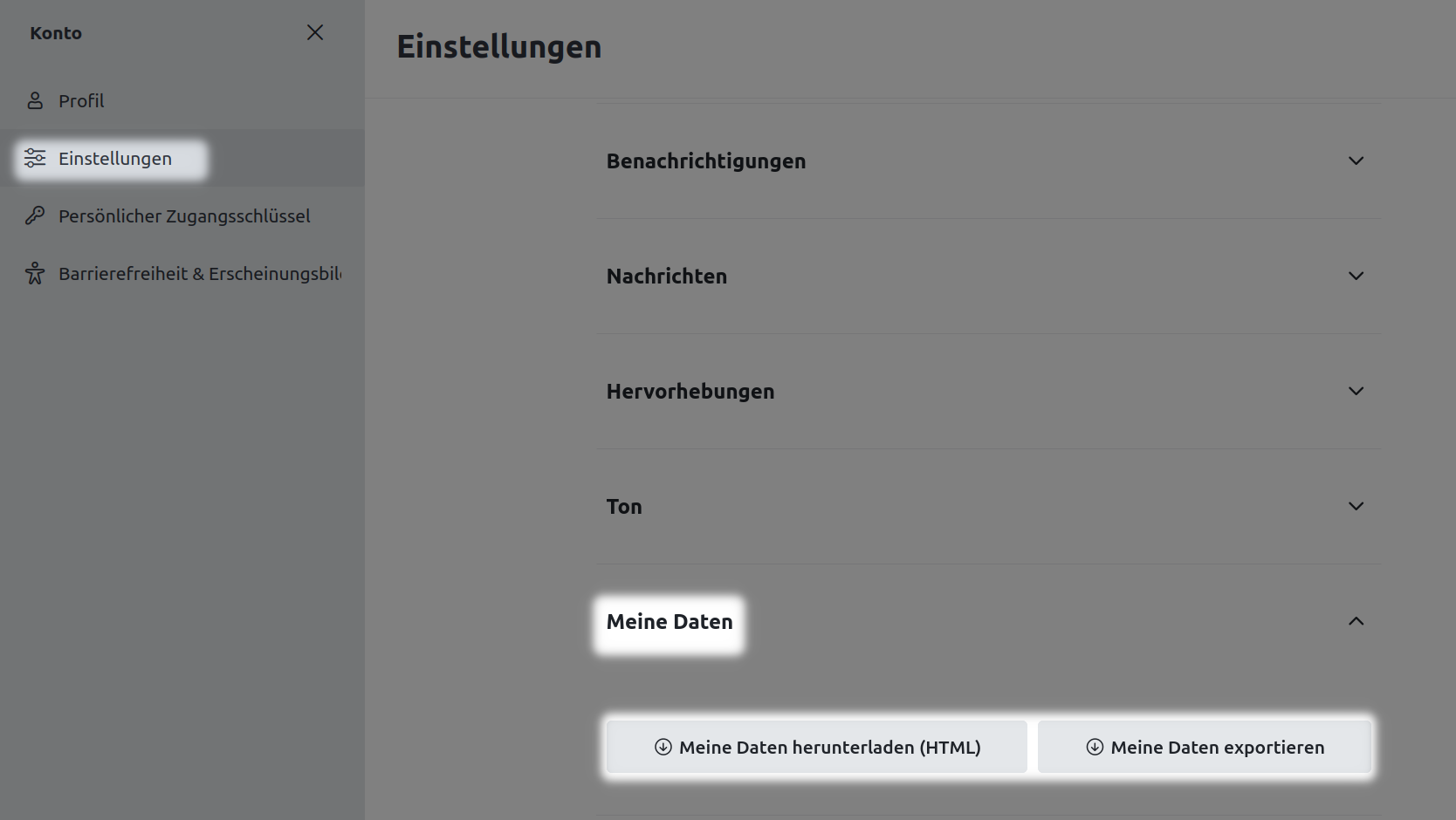 Klickweg in den Einstellungen von Rocket.Chat zum Herunterladen eigener Daten: Einstellungen -> Meine Daten -> Meine Daten herunterladen (HTML)